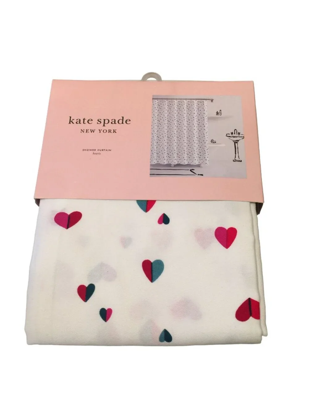 KATE SPADE HEARTS Fabric Shower Curtain White Pink Red Blue